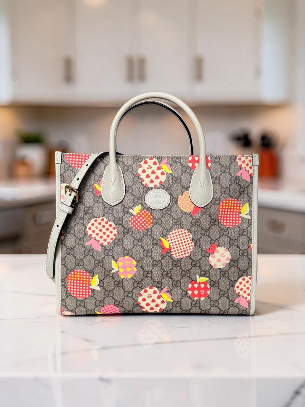 Gucci Les Pommes Apple Print Small GG Supreme Tote Crossbody Bag